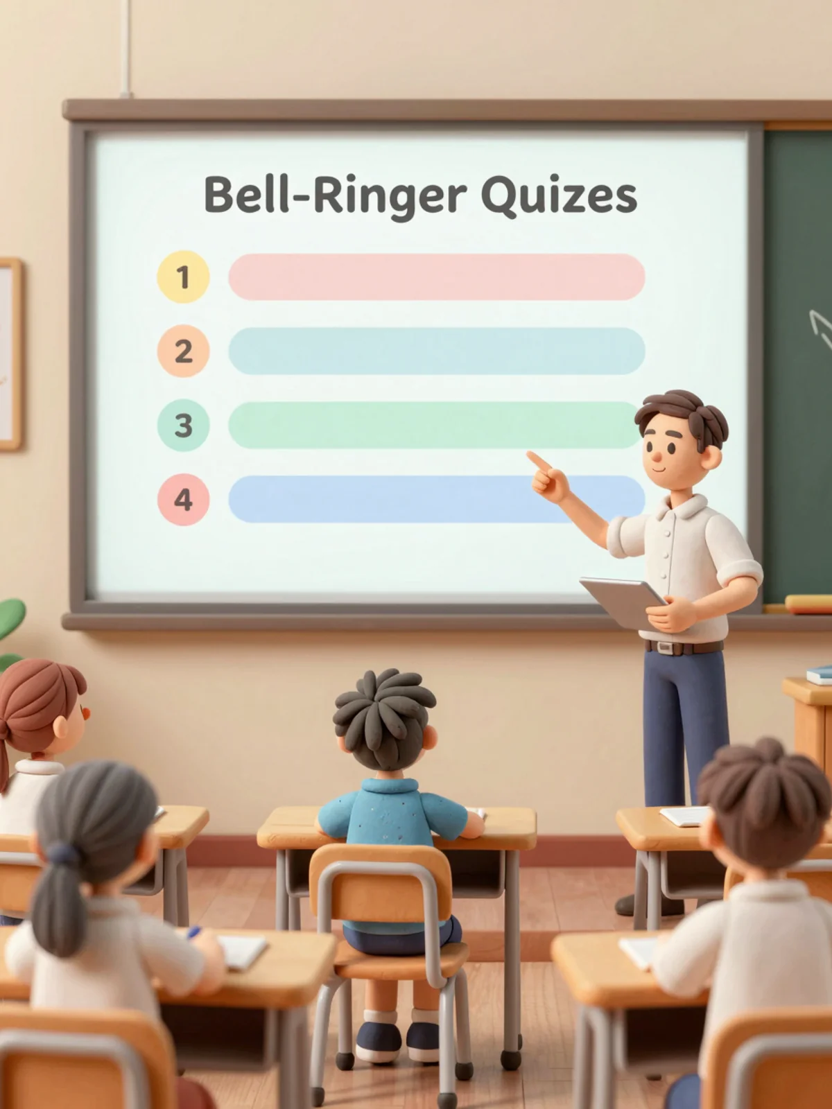 3D claymorphism classroom scene with a teacher character pointing at a projected bell ringer quiz while clay student figures take their seats, warm morning light