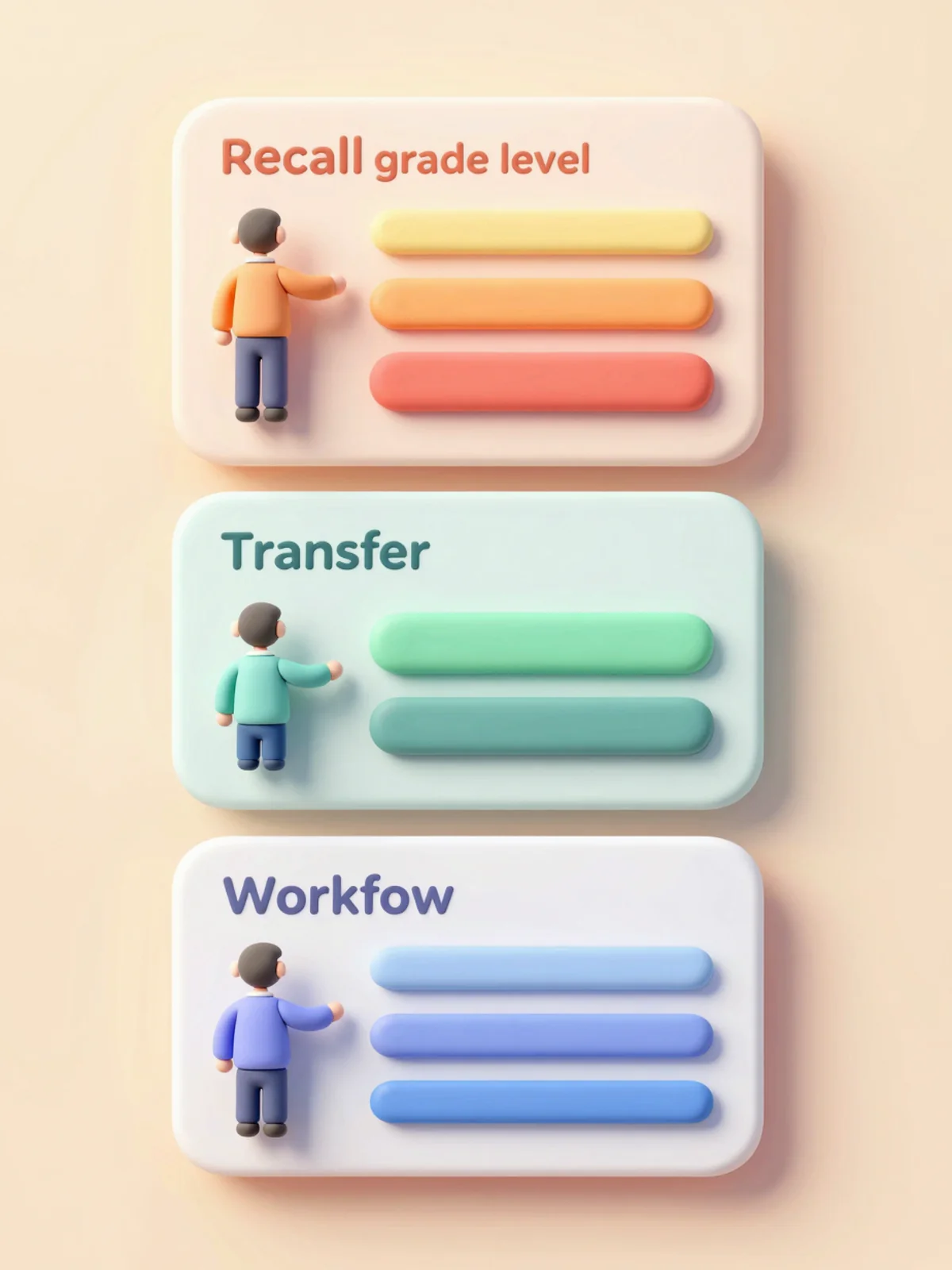 3D claymorphism scene with three stacked clay quiz papers labeled recall grade level and transfer, each with a different color and a small teacher figure selecting one, vertical composition