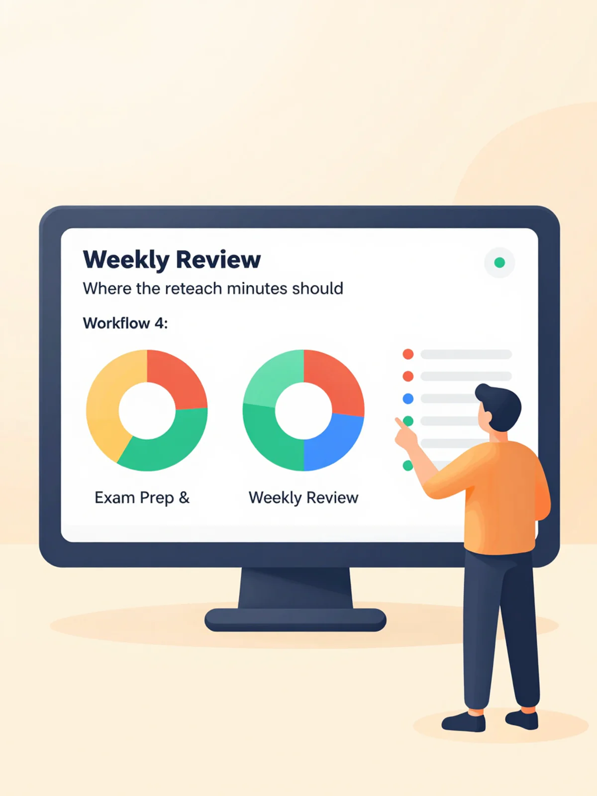 3D claymorphism dashboard view with clay pie charts showing topic mastery and a teacher figure pointing at the weakest slice, portrait orientation
