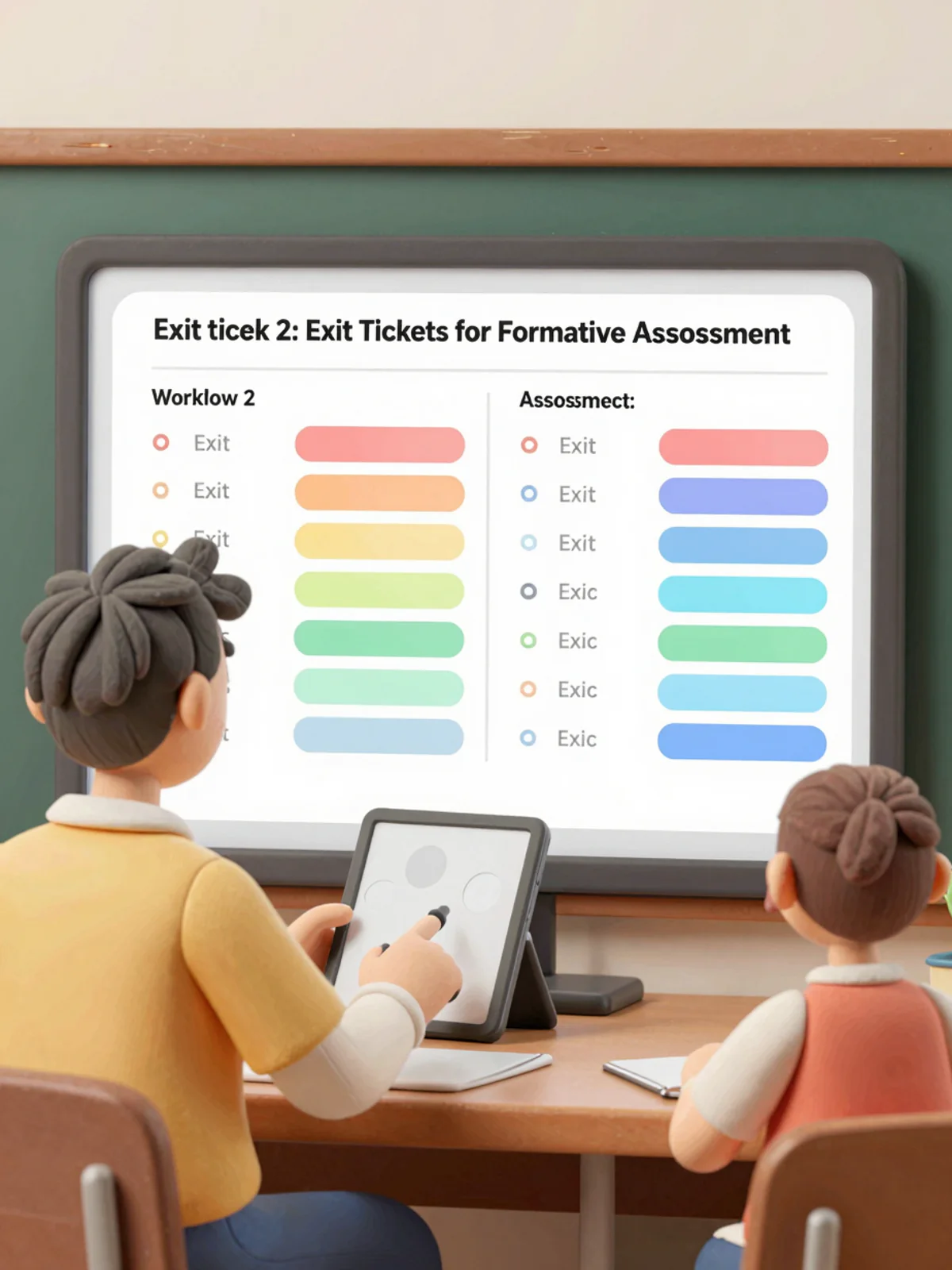 3D claymorphism teacher figure reviewing a tablet dashboard of student exit ticket responses with color coded correctness bars, end of day lighting