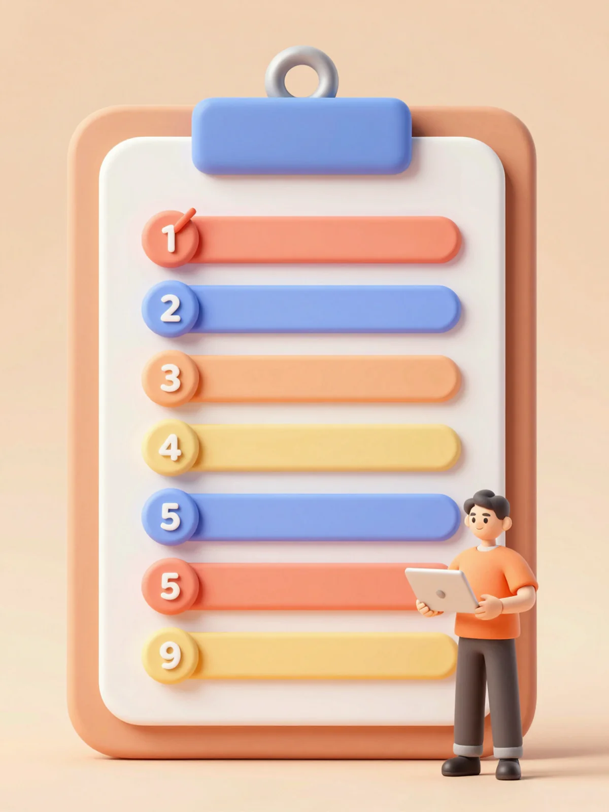 3D claymorphism checklist scene with a clay clipboard showing seven numbered steps and a small teacher figure ticking off the first item, warm optimistic lighting, portrait composition