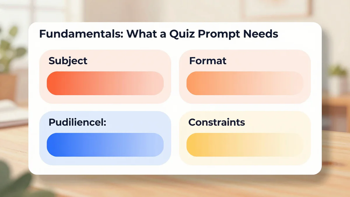 Diagram breaking down a quiz prompt into four blocks: subject, audience, format, constraints