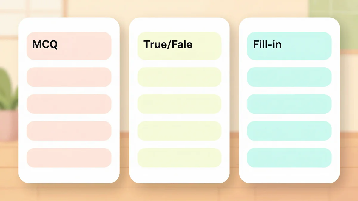 Matrix comparing MCQ, true/false, fill-in-the-blank, and short-answer prompt patterns side by side