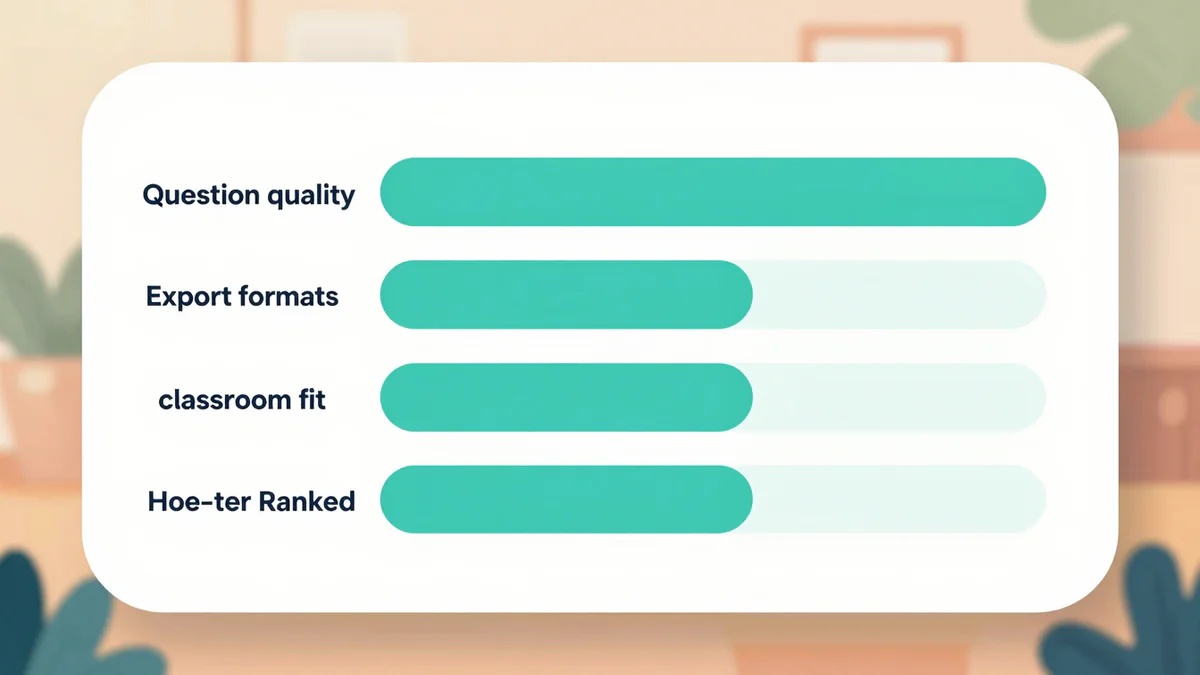 Radar chart showing the five evaluation criteria used to rank AI quiz generators