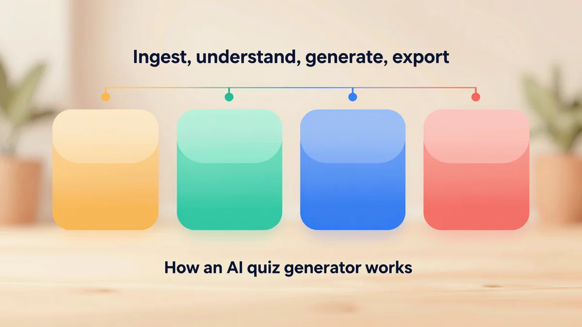 Four step diagram of an AI quiz generator pipeline: ingest source, extract facts, write questions and distractors, format and export to DOCX or PDF.