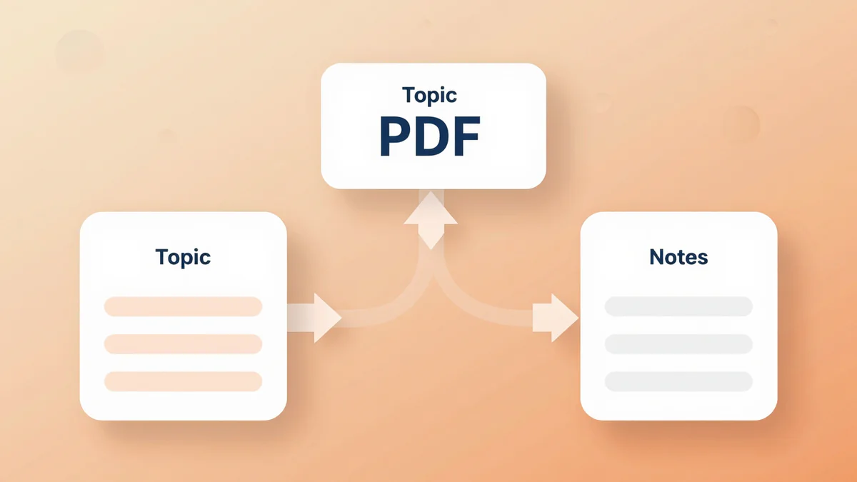 Three input arrows labeled topic, PDF, and notes converging into a single AI quiz generator that outputs a formatted quiz card.