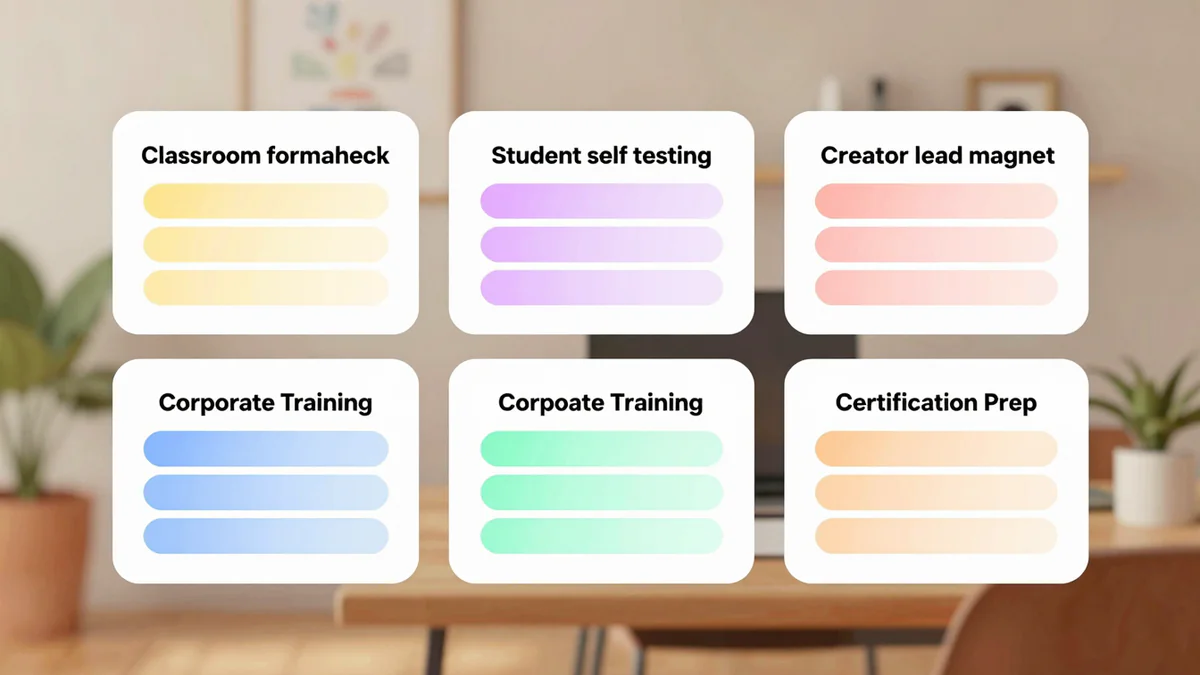 Grid of five use cases for an AI quiz generator: classroom formative check, student self testing, creator lead magnet quiz, corporate training, and certification prep.